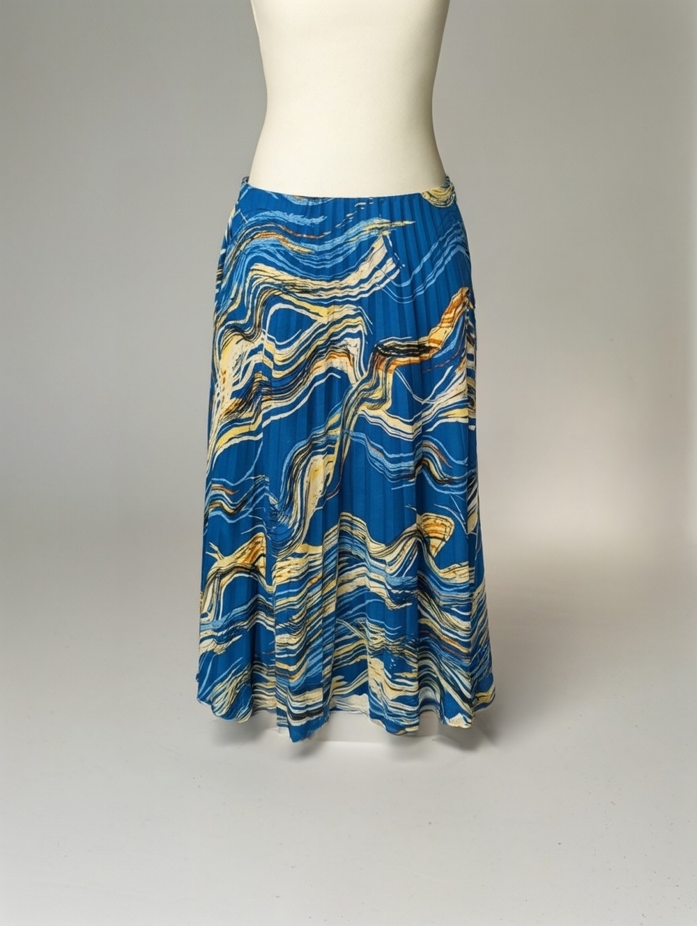 Nine West Blue Pleated Midi Maxi Skirt With Yellow Abstract Wave Print